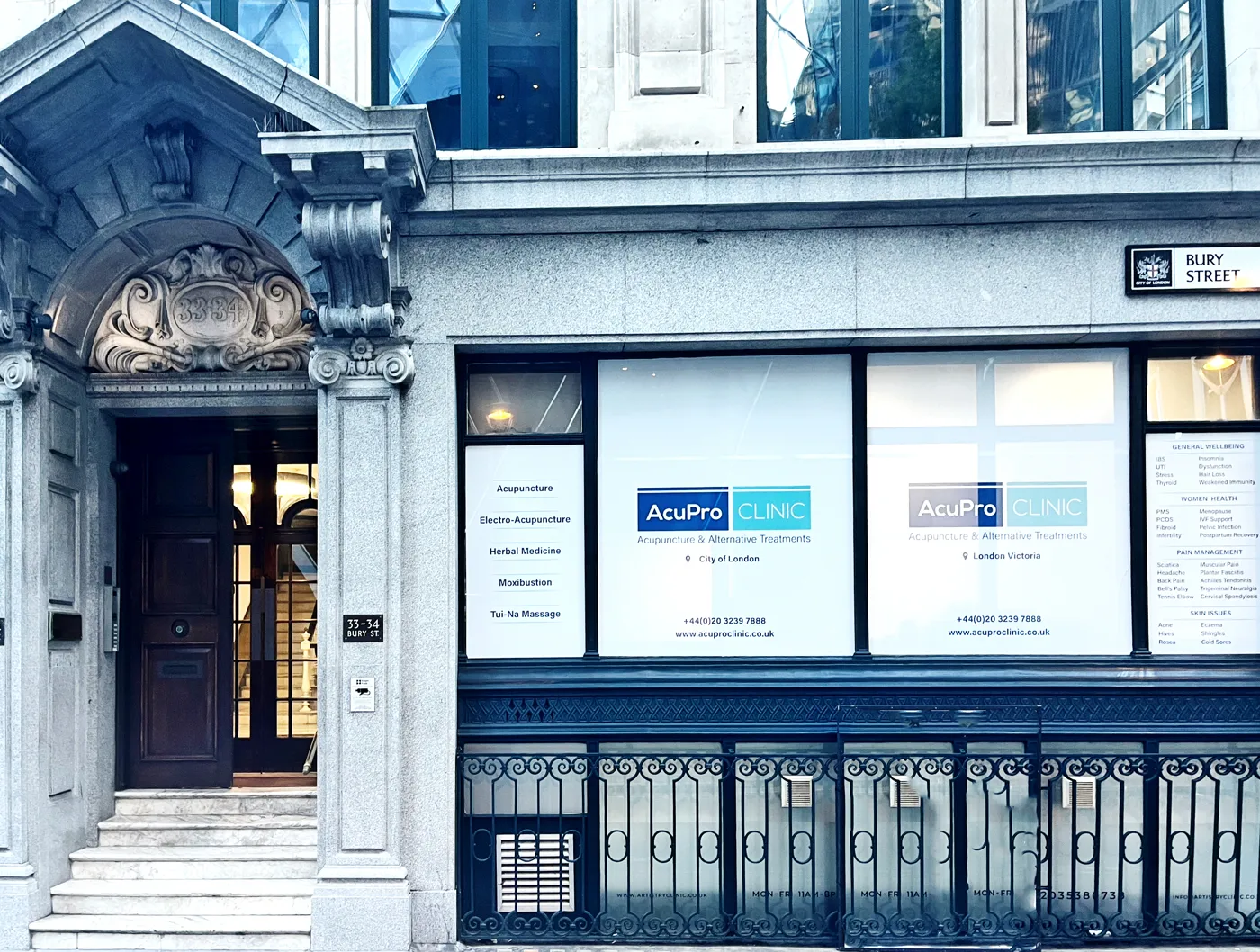 AcuPro Clinic entrance at 33-34 Bury Street, City of London